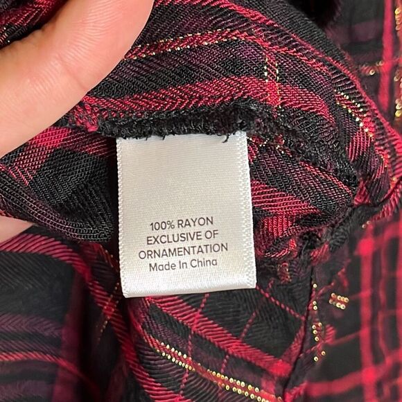 Evereve Charlotte Red Black Gold Ruffle Button Down Large - Picture 6 of 7